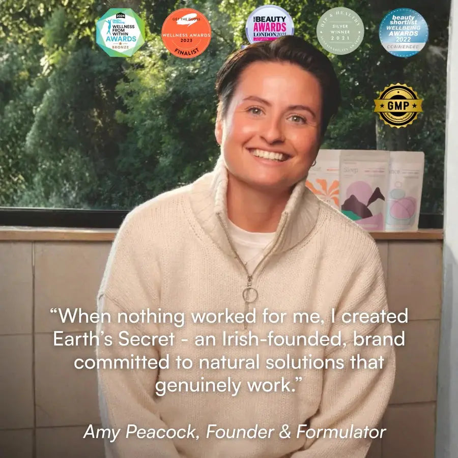 Amy in a beige sweater with text about Earth's Secret brand and awards on a green background