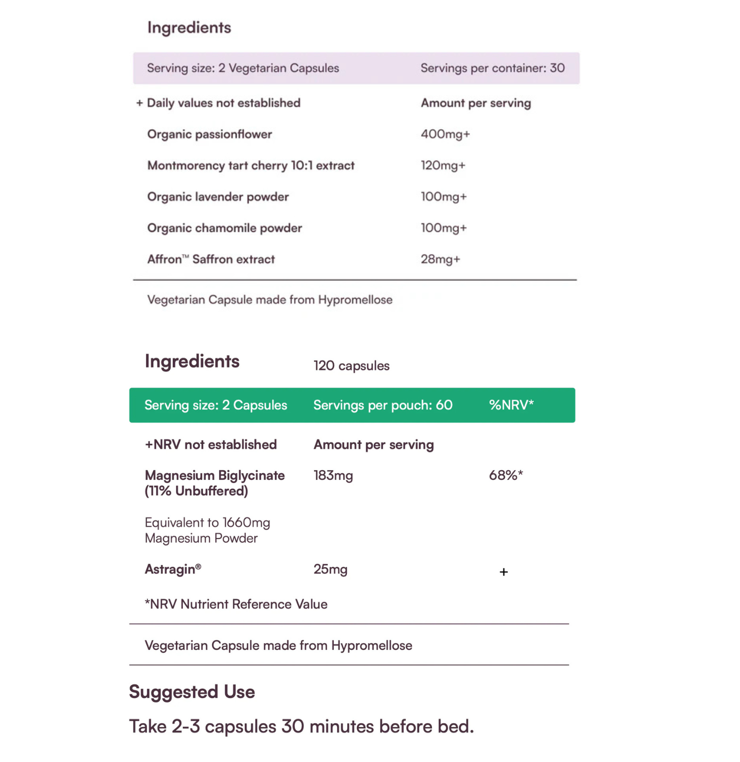 Nutritional supplement label with ingredients and serving sizes on a white background