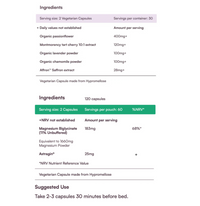 Nutritional supplement label with ingredients and serving sizes on a white background