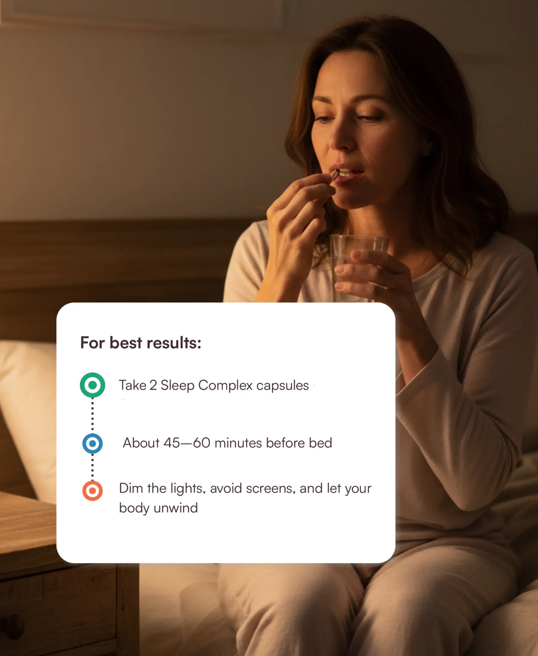 Woman taking a pill with a text overlay on how to achieve best results.