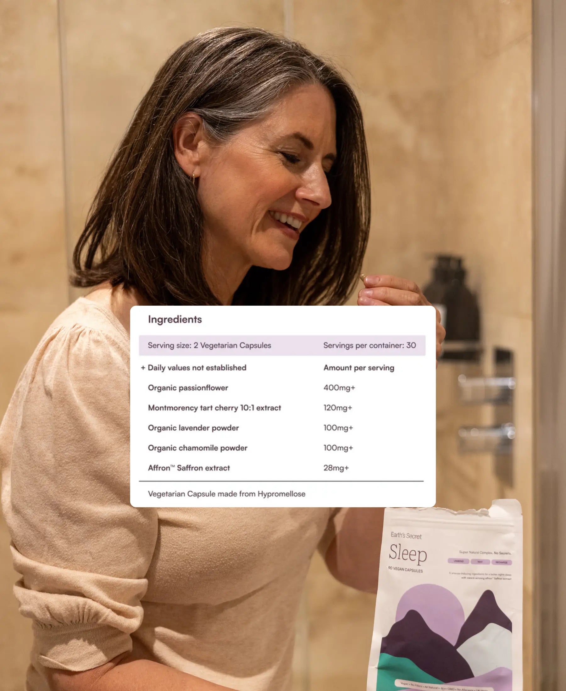 Woman holding a supplement package with an ingredient list overlay in a bathroom setting