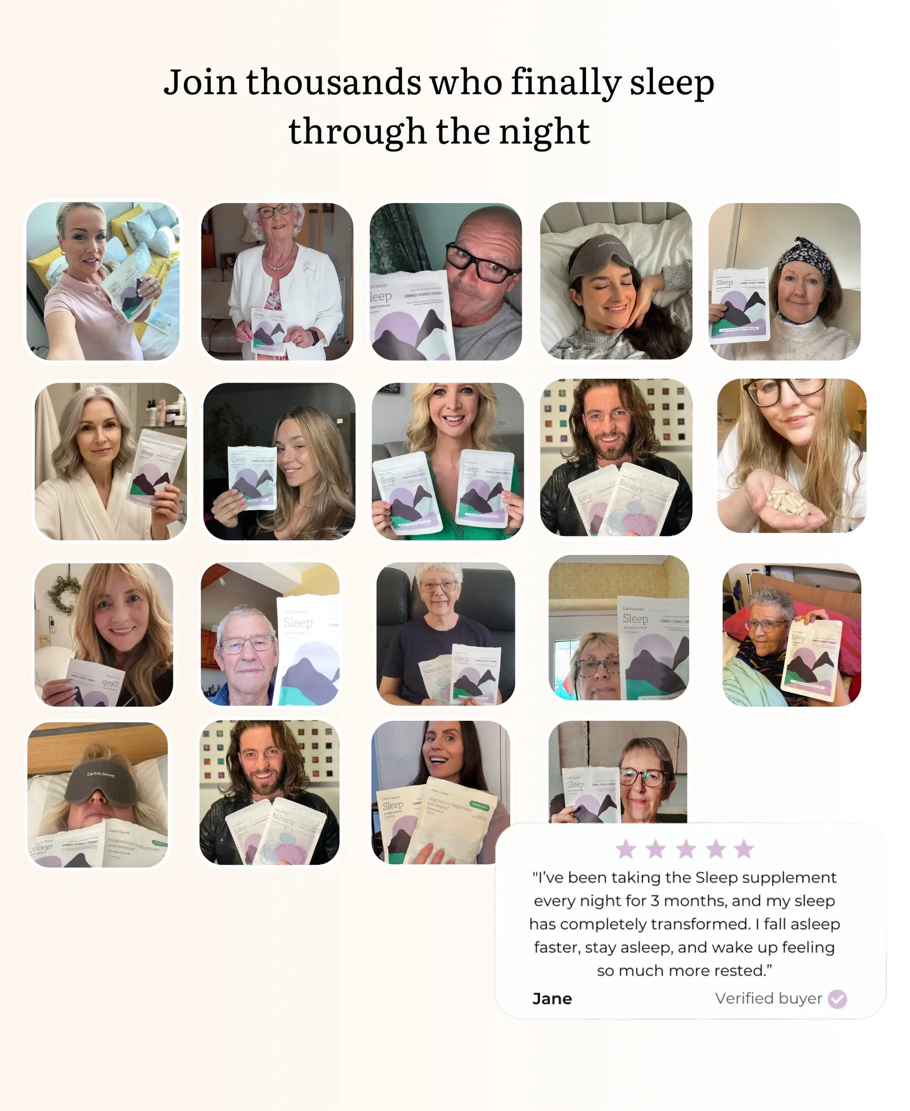 Promotional image with multiple people using a sleep supplement, featuring text and verified buyer comments.
