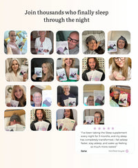 Promotional image with multiple people using a sleep supplement, featuring text and verified buyer comments.