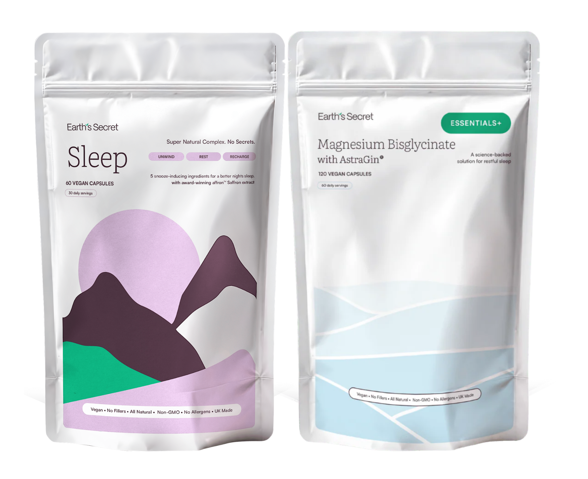 Two Earth's Secret supplement packages, one for sleep and one for magnesium bisglycinate with AstraGin, on a white background.