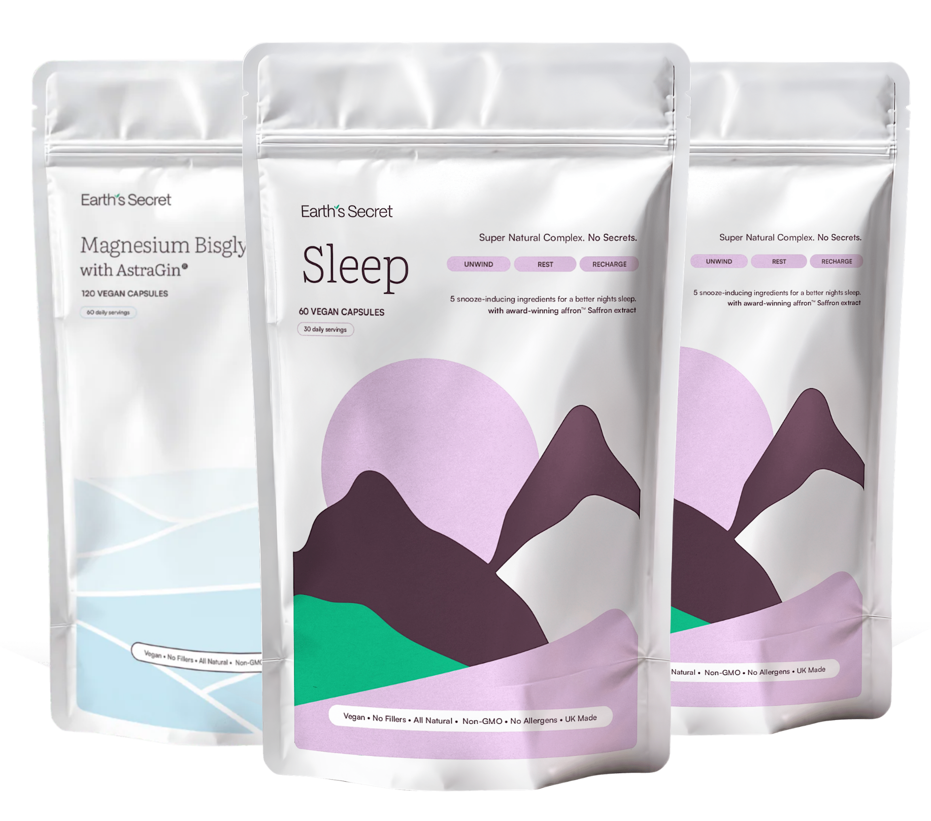 Three Earth's Secret supplement packages on a white background