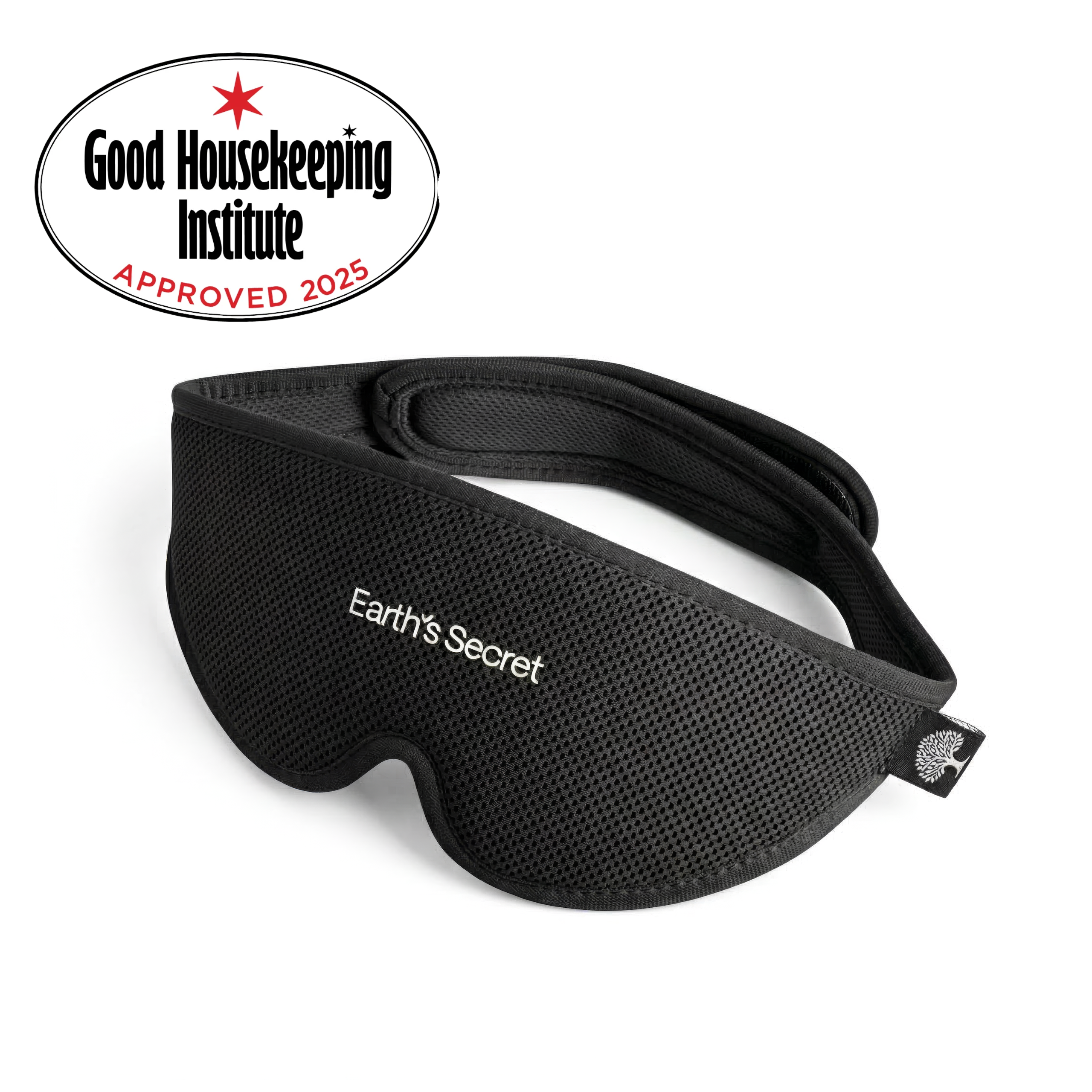 Black sleep mask with 'Earth's Secret' branding and Good Housekeeping Institute approval logo on a white background.