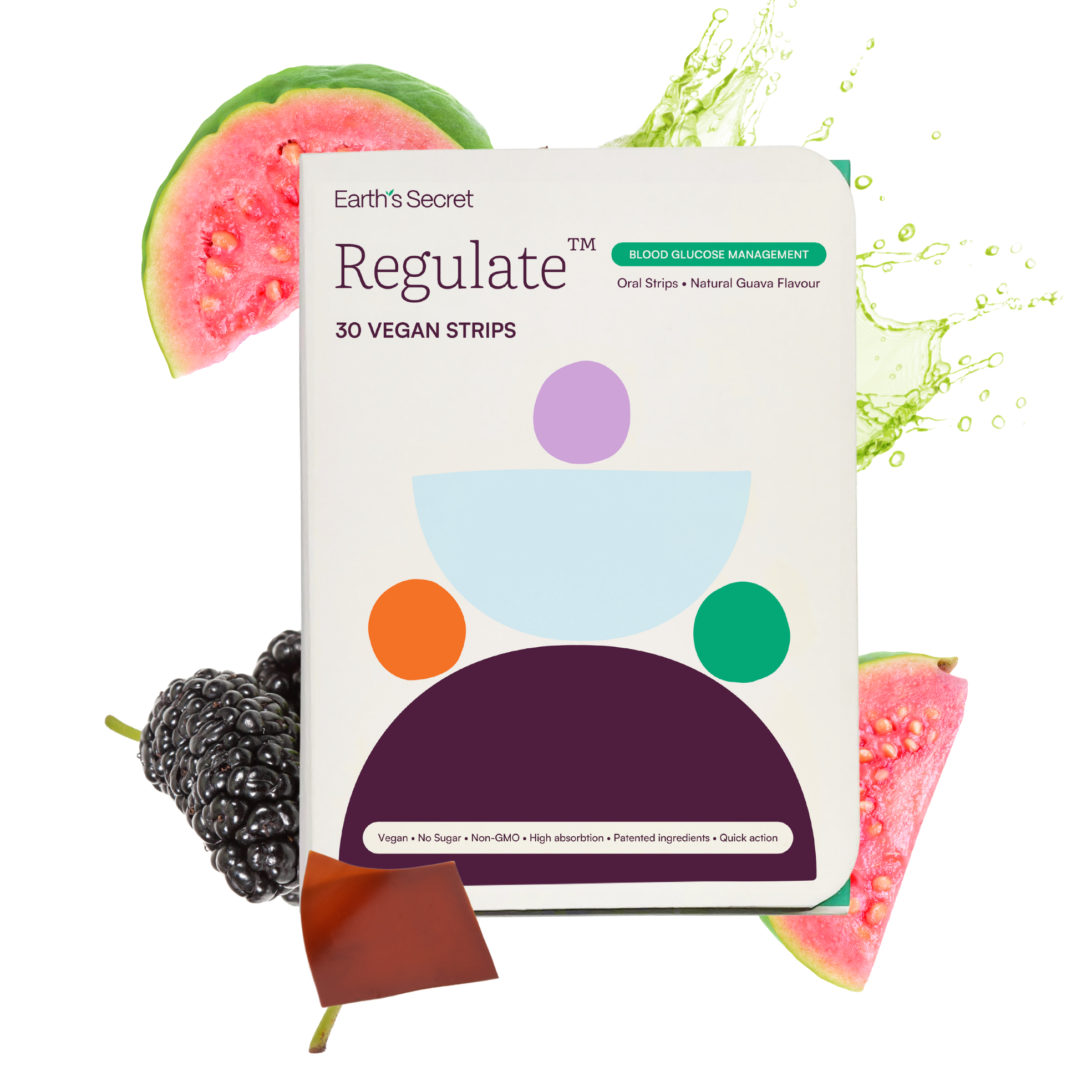 Packaging of Earth's Secret Regulate vegan strips with watermelon and blackberry on a white background