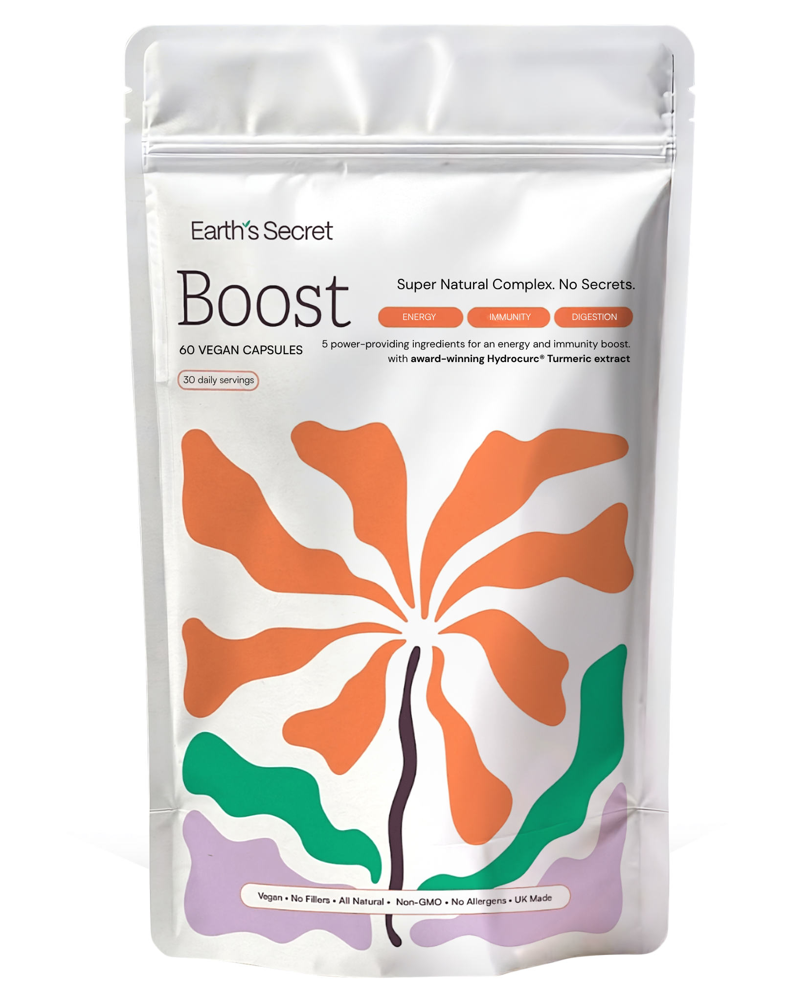 Earth's Secret Boost supplement package with colorful design on a white background
