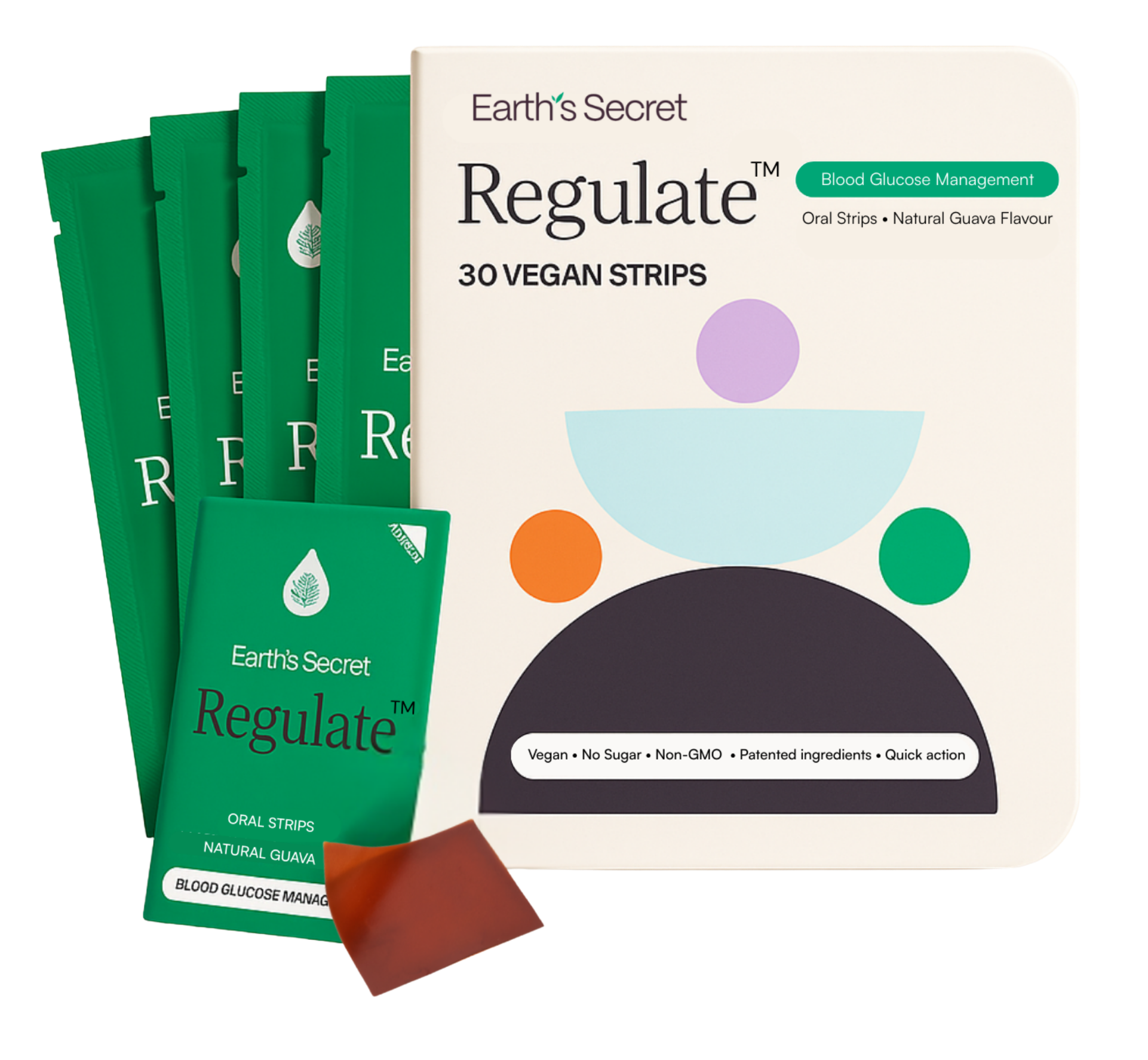 Earth's Secret Regulate vegan strips packaging on a white background