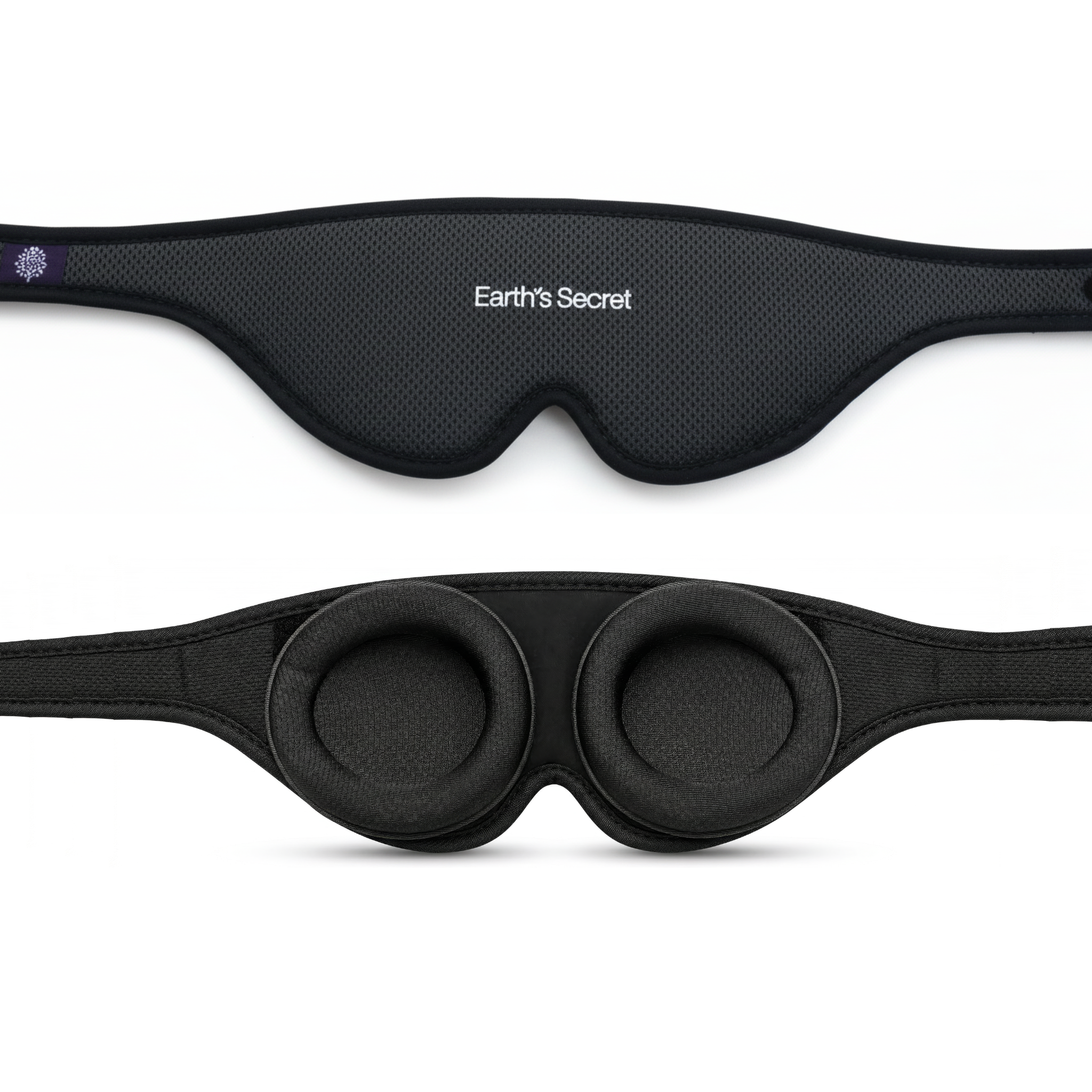 Black eye mask with 'Earth's Secret' branding on a white background