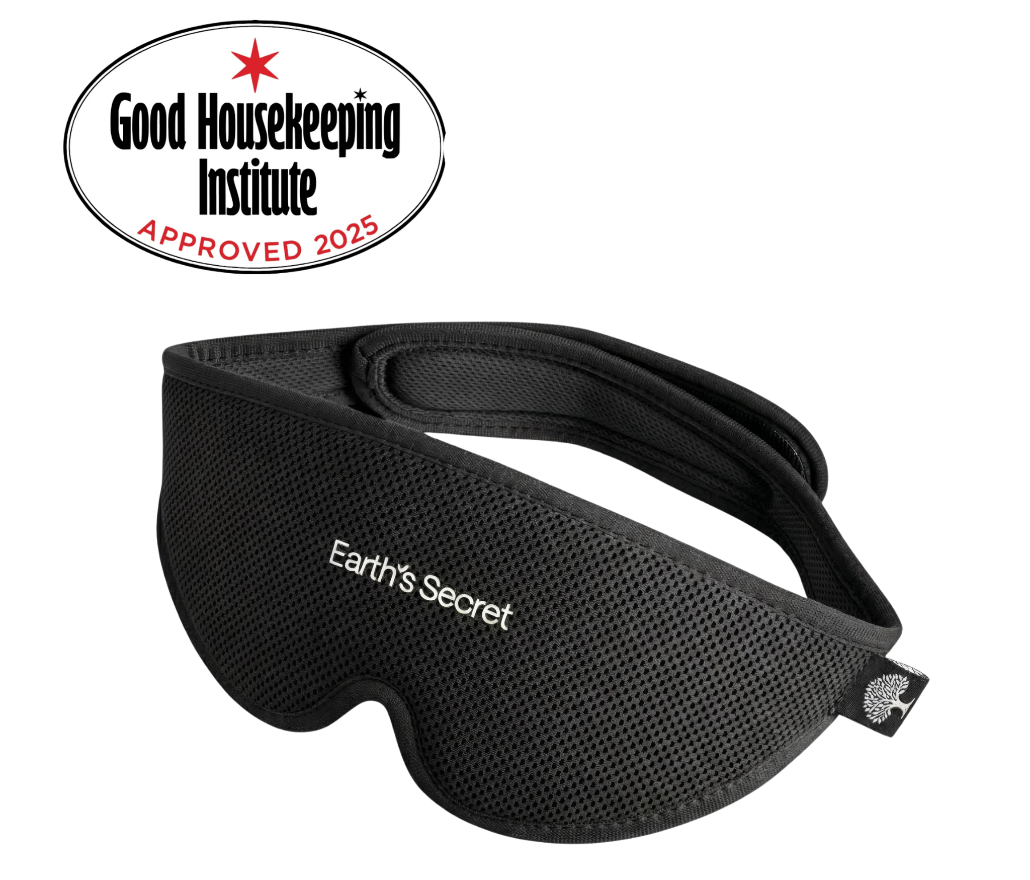 Black sleep mask with 'Earth's Secret' branding and Good Housekeeping Institute approval badge on a white background