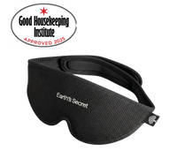 Black sleep mask with 'Earth's Secret' branding and Good Housekeeping Institute approval badge on a white background