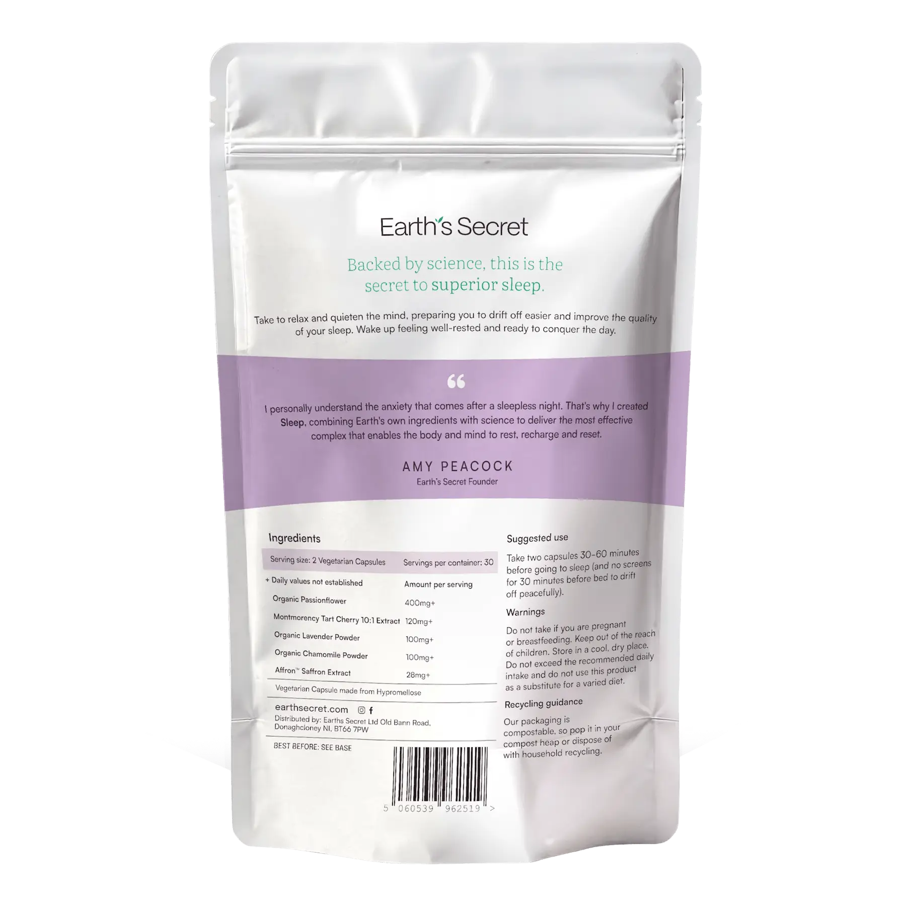 Earth's Secret product packaging with text and branding on a white background