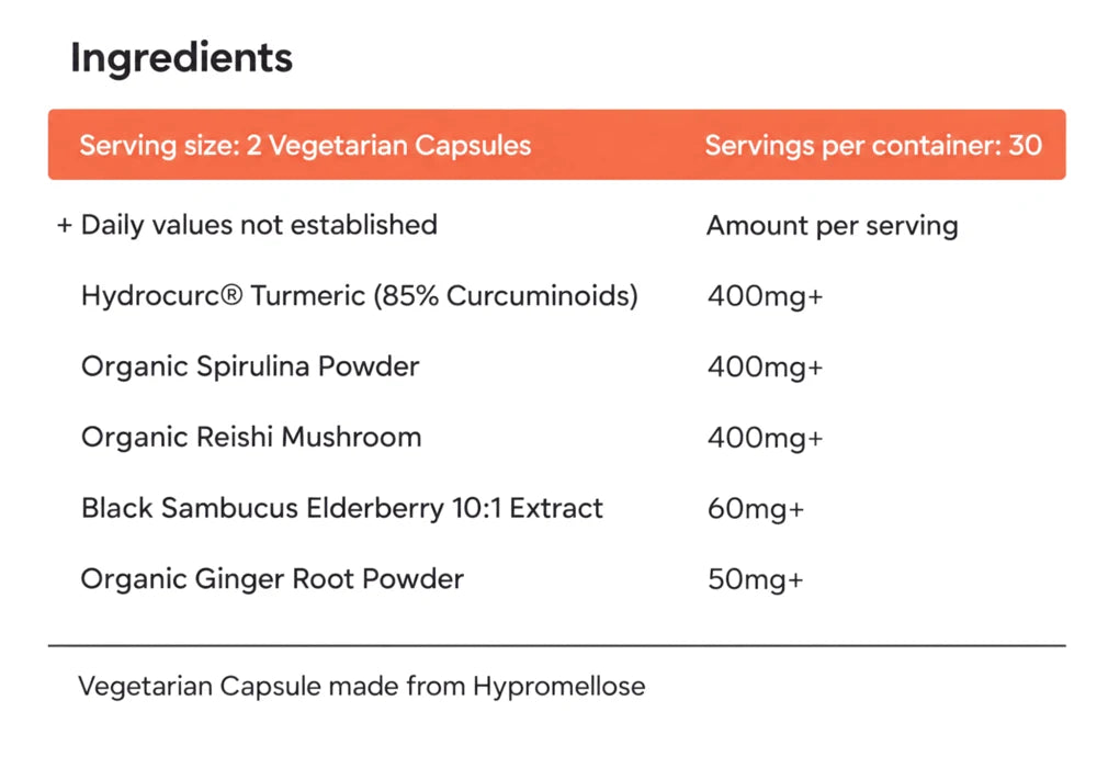 Boost Complex ingredients: per 2 vegetarian capsules, HydroCurc turmeric (85% curcuminoids) 400mg, organic spirulina powder 400mg, organic reishi mushroom 400mg, black elderberry 10:1 extract 60mg, organic ginger root powder 50mg. 30 servings.